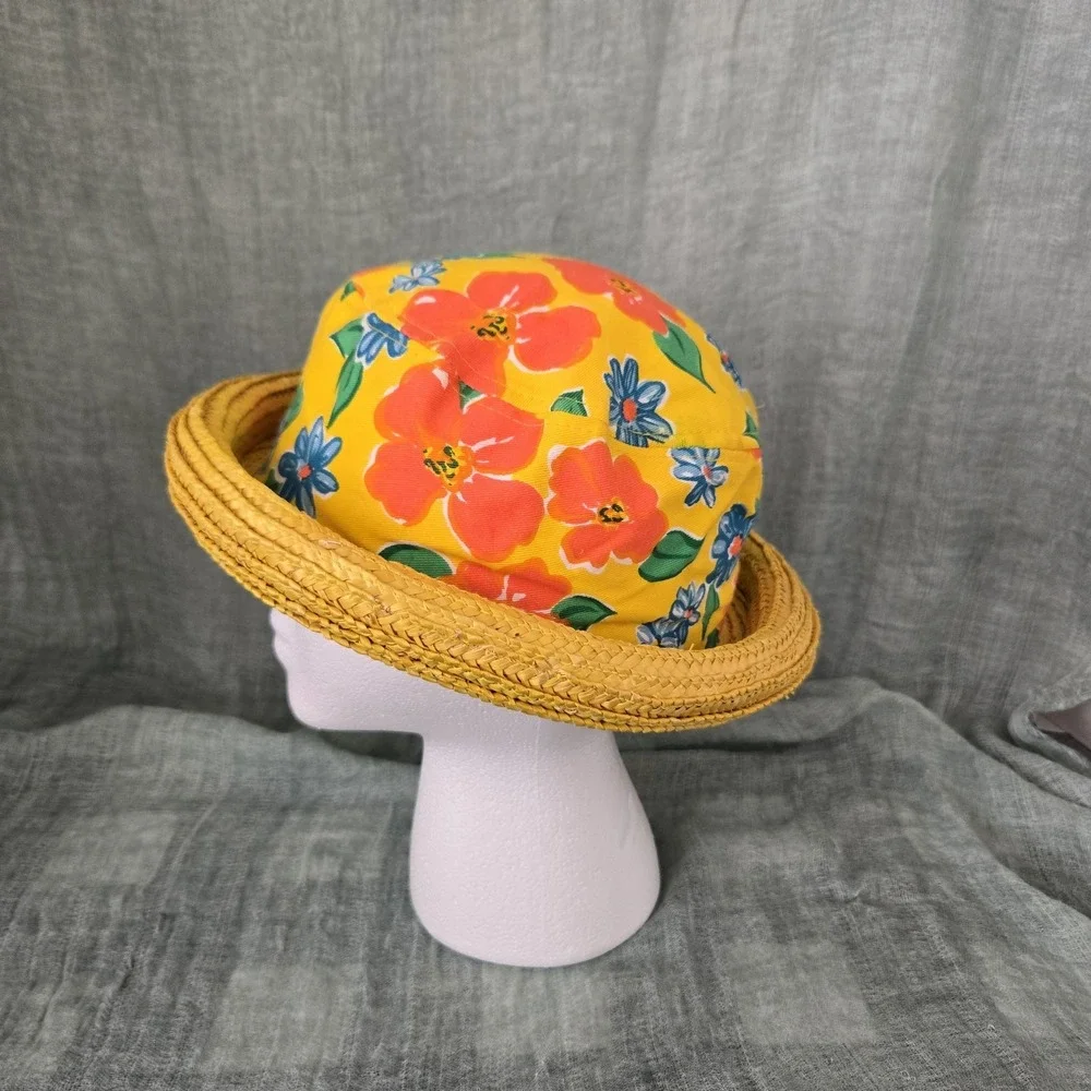 Women's Hat Yellow Rolled Straw Brim w/ Floral 100% Cotton Fabric Crown Size S/M